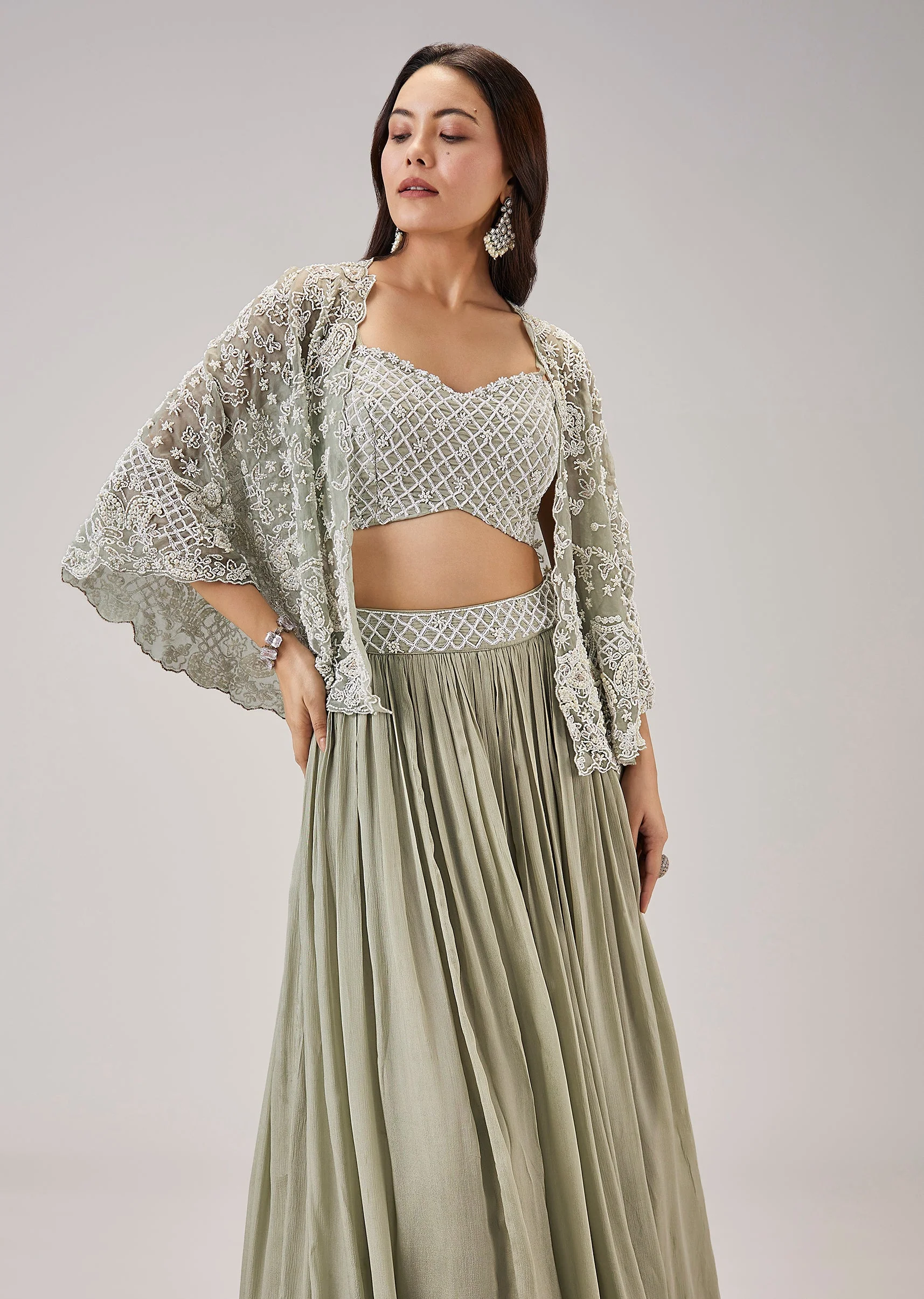 Mint Green Moti And Cut Dana Work Cape Lehenga