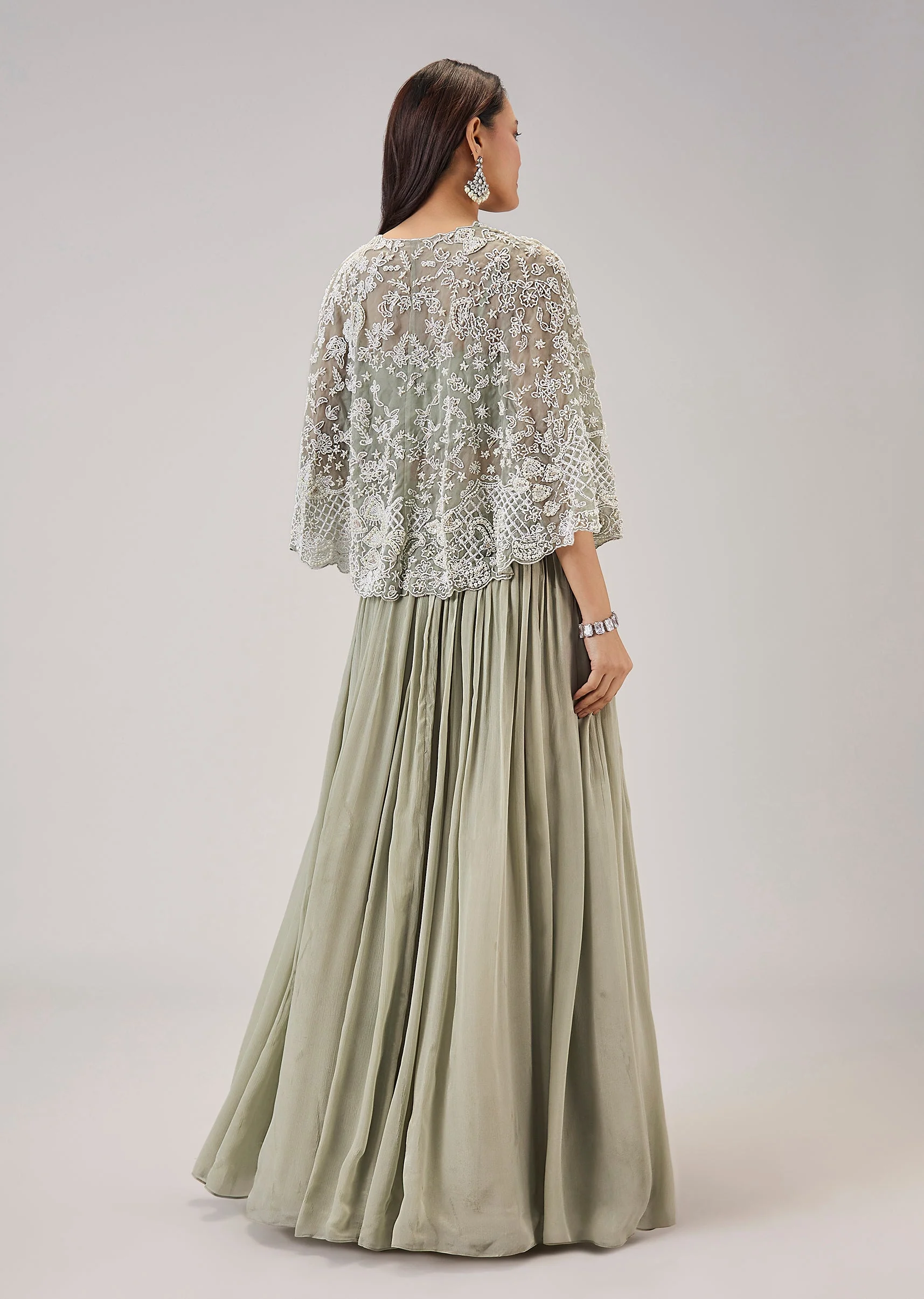 Mint Green Moti And Cut Dana Work Cape Lehenga