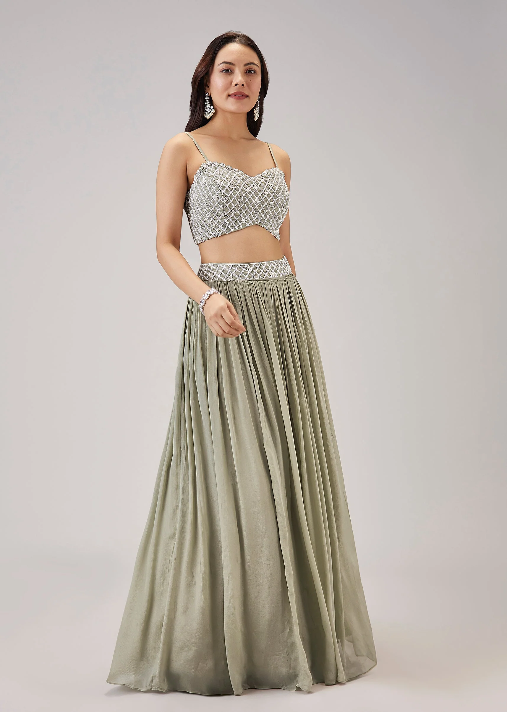 Mint Green Moti And Cut Dana Work Cape Lehenga
