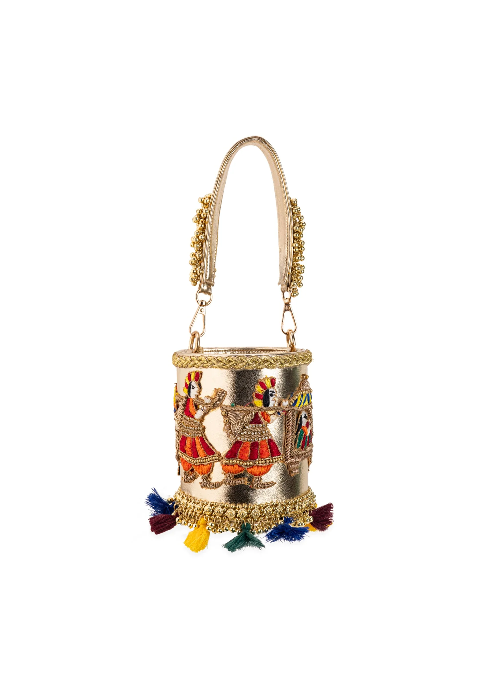 Gold Tassel Drop Embroidered Potli Bucket Bag