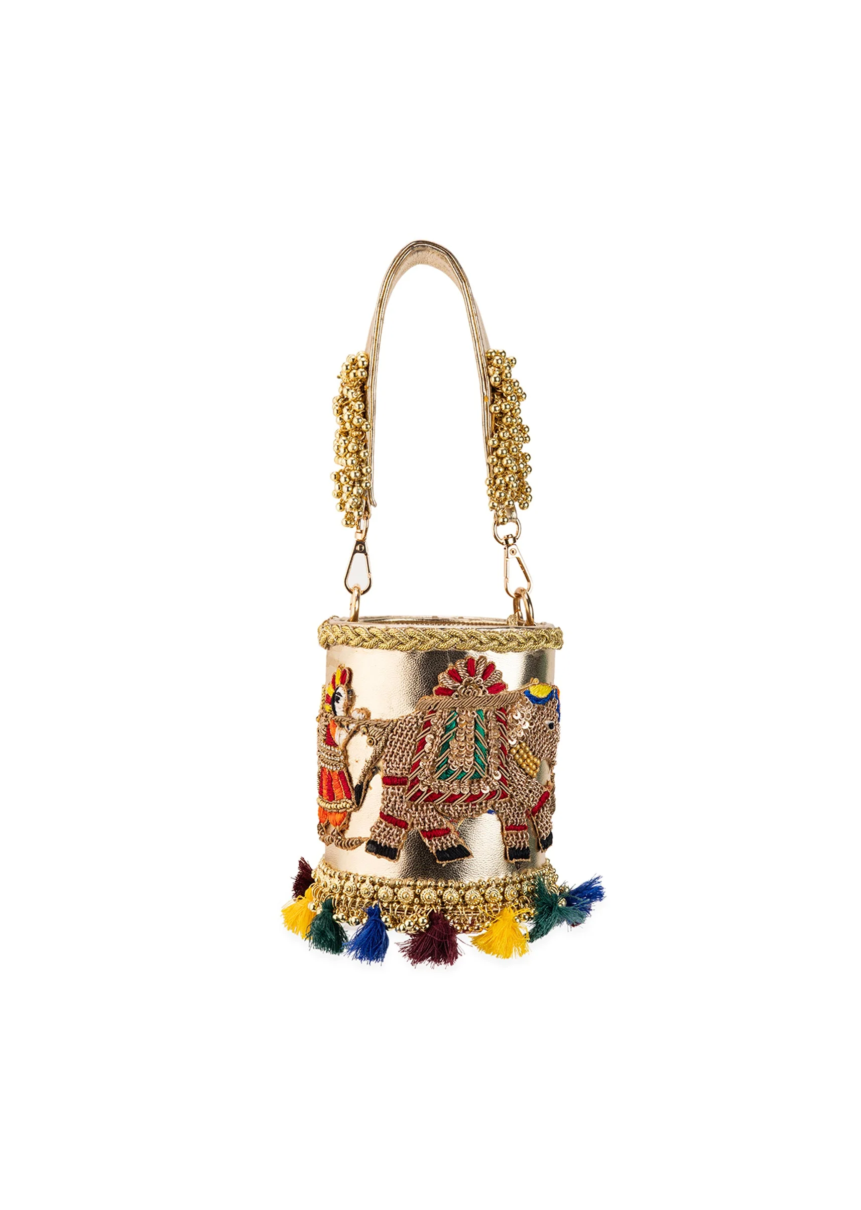Gold Tassel Drop Embroidered Potli Bucket Bag