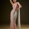 Pink Ombre Sequence Ready To Wear Saree With Velvet Blouse