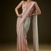 Pink Ombre Sequence Ready To Wear Saree With Velvet Blouse