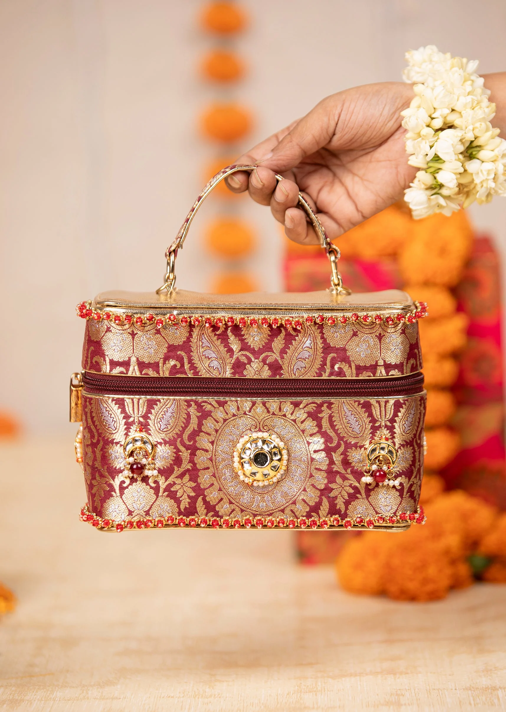 Maroon and Gold Floral Motif Brocade Silk Bag