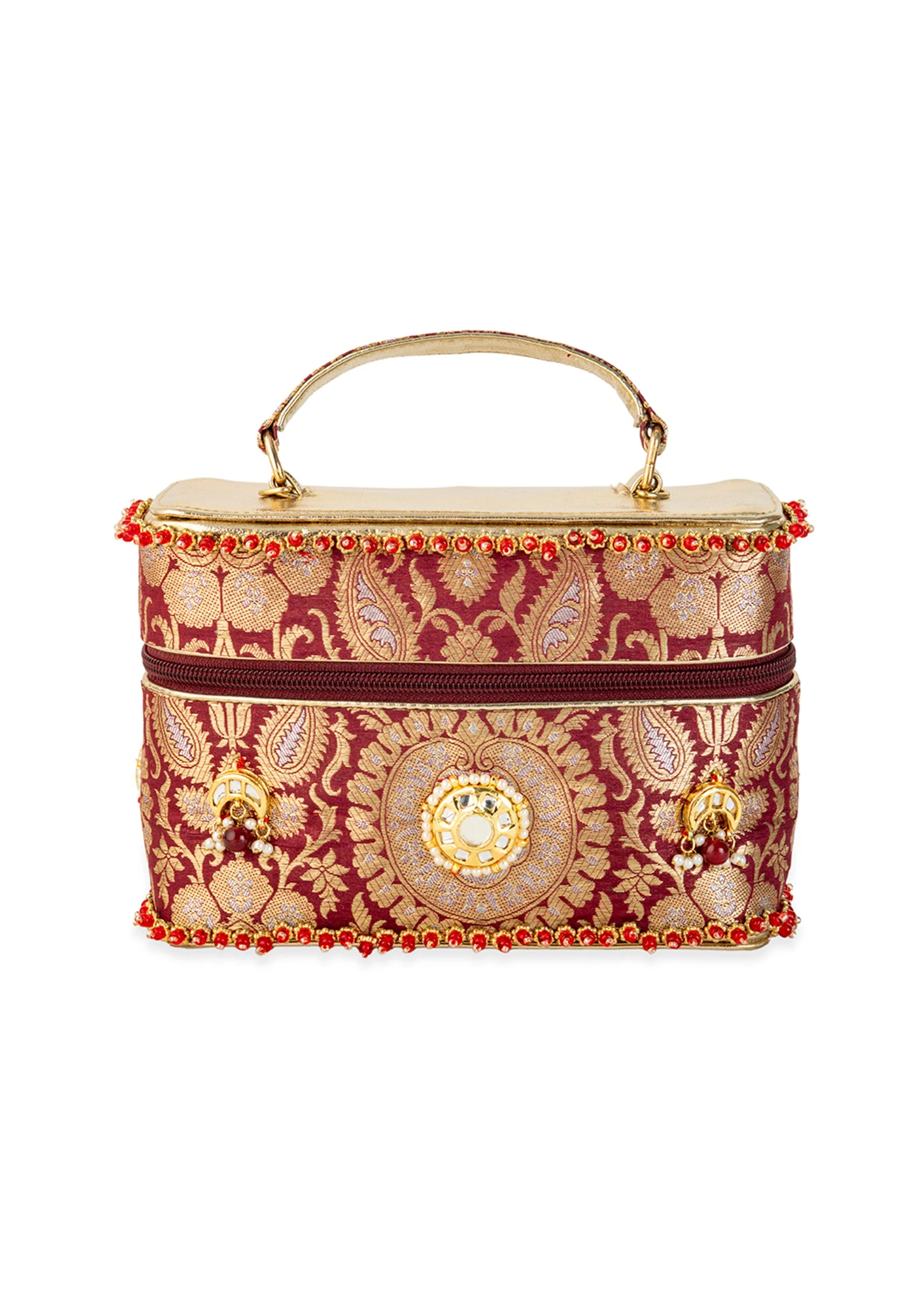 Maroon and Gold Floral Motif Brocade Silk Bag