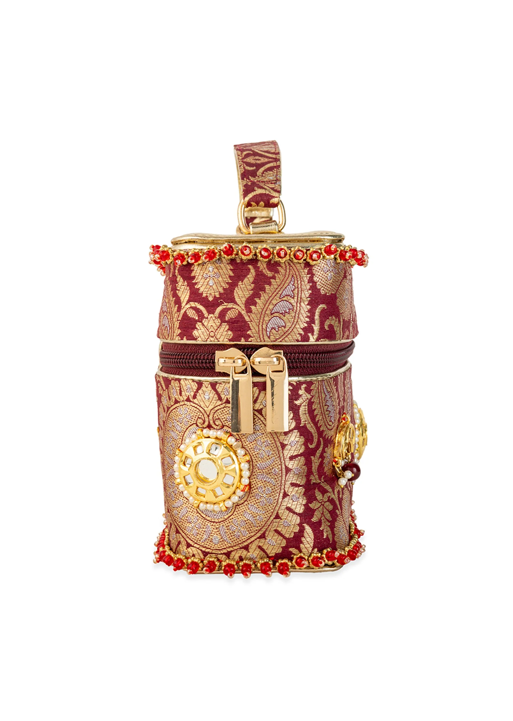 Maroon and Gold Floral Motif Brocade Silk Bag