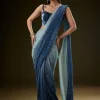 Teal Ombre Sequence Ready To Wear Saree With Velvet Blouse