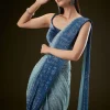 Teal Ombre Sequence Ready To Wear Saree With Velvet Blouse