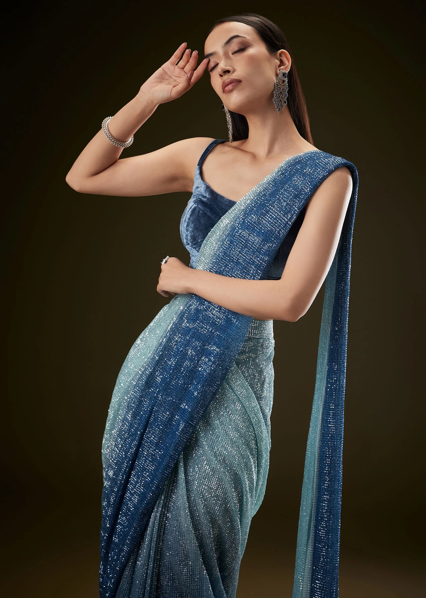 Teal Ombre Sequence Ready To Wear Saree With Velvet Blouse