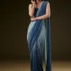Teal Ombre Sequence Ready To Wear Saree With Velvet Blouse