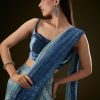 Teal Ombre Sequence Ready To Wear Saree With Velvet Blouse