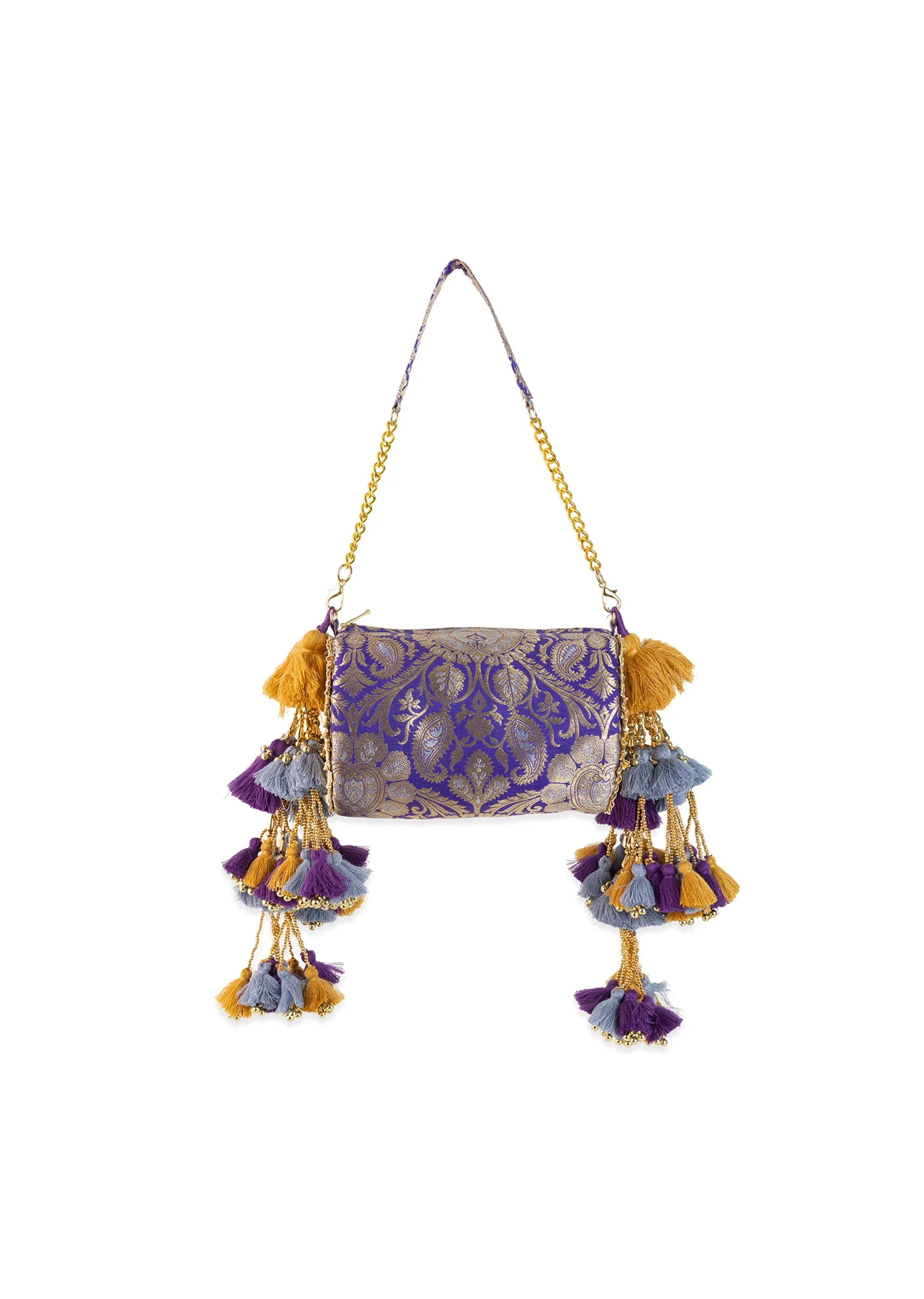 Purple Zari Embellished Brocade Kundan Bag with Tassel