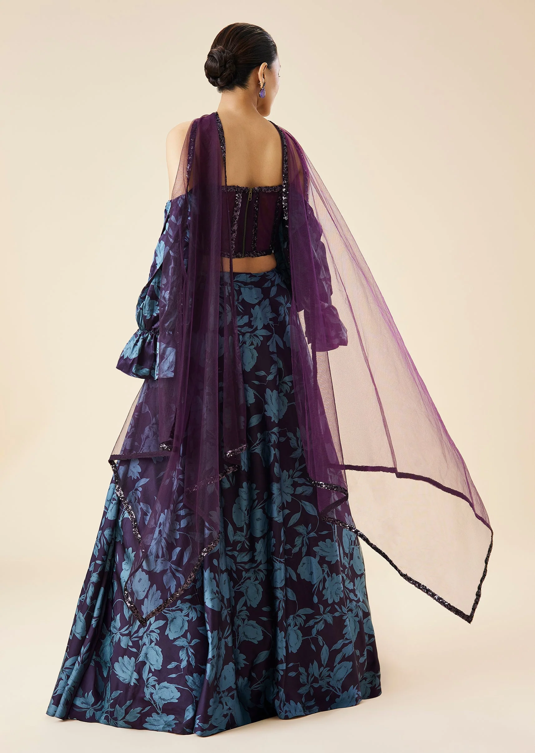 Purple Printed Fusion Lehenga Set With Tube Blouse
