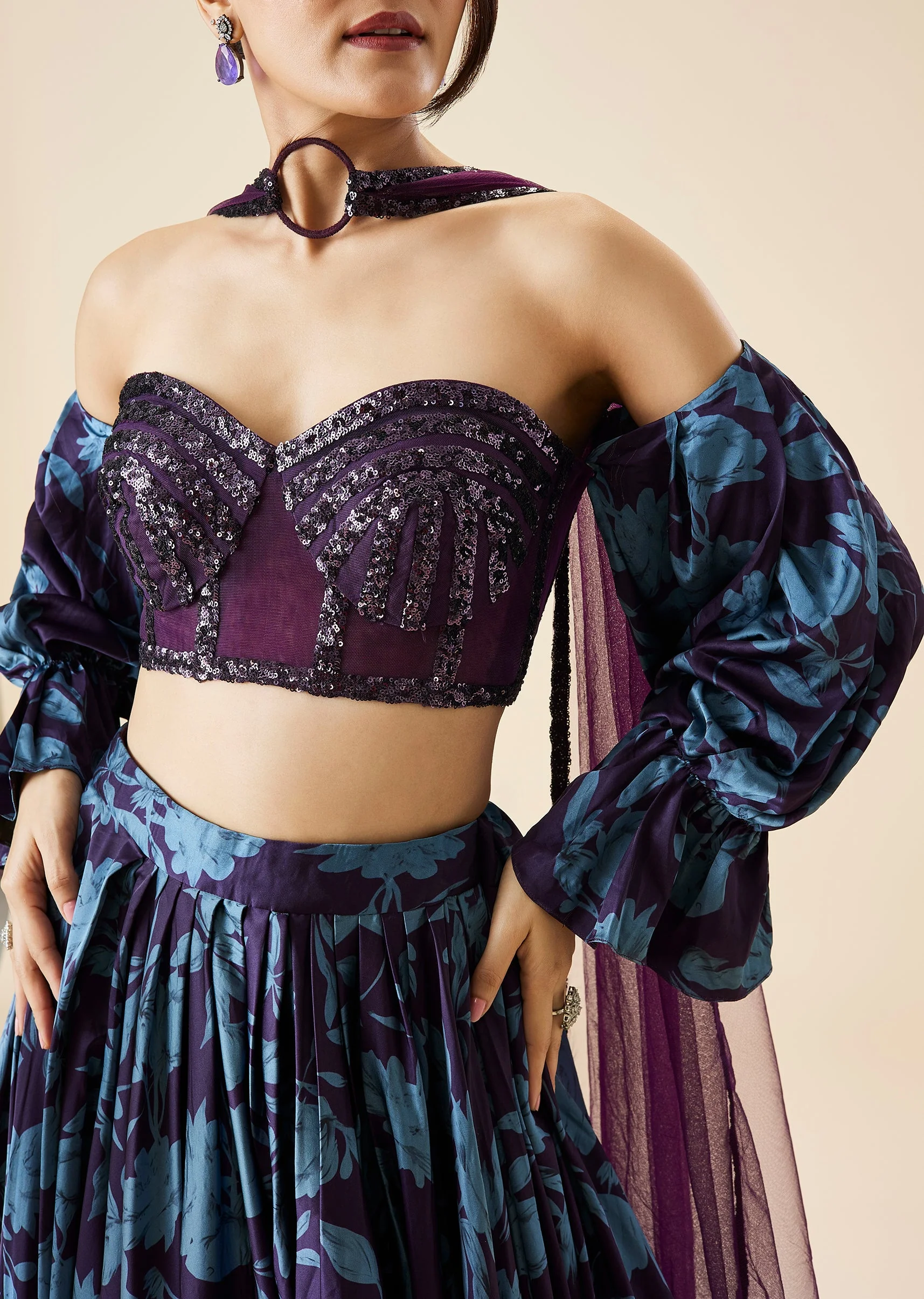 Purple Printed Fusion Lehenga Set With Tube Blouse