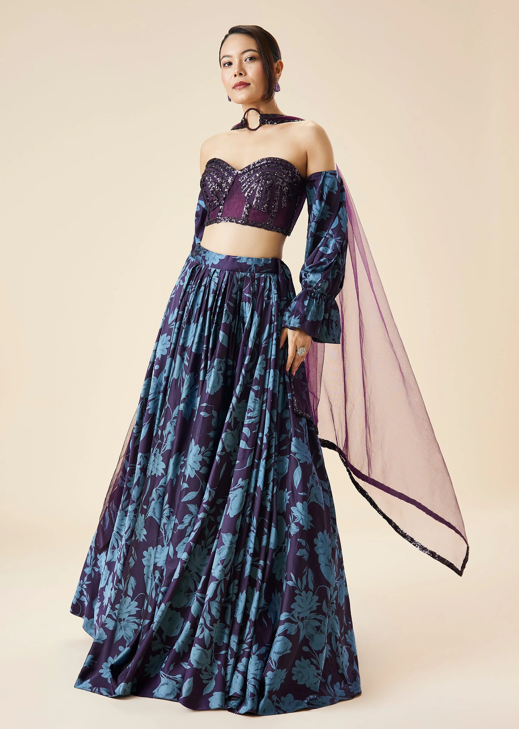 Purple Printed Fusion Lehenga Set With Tube Blouse