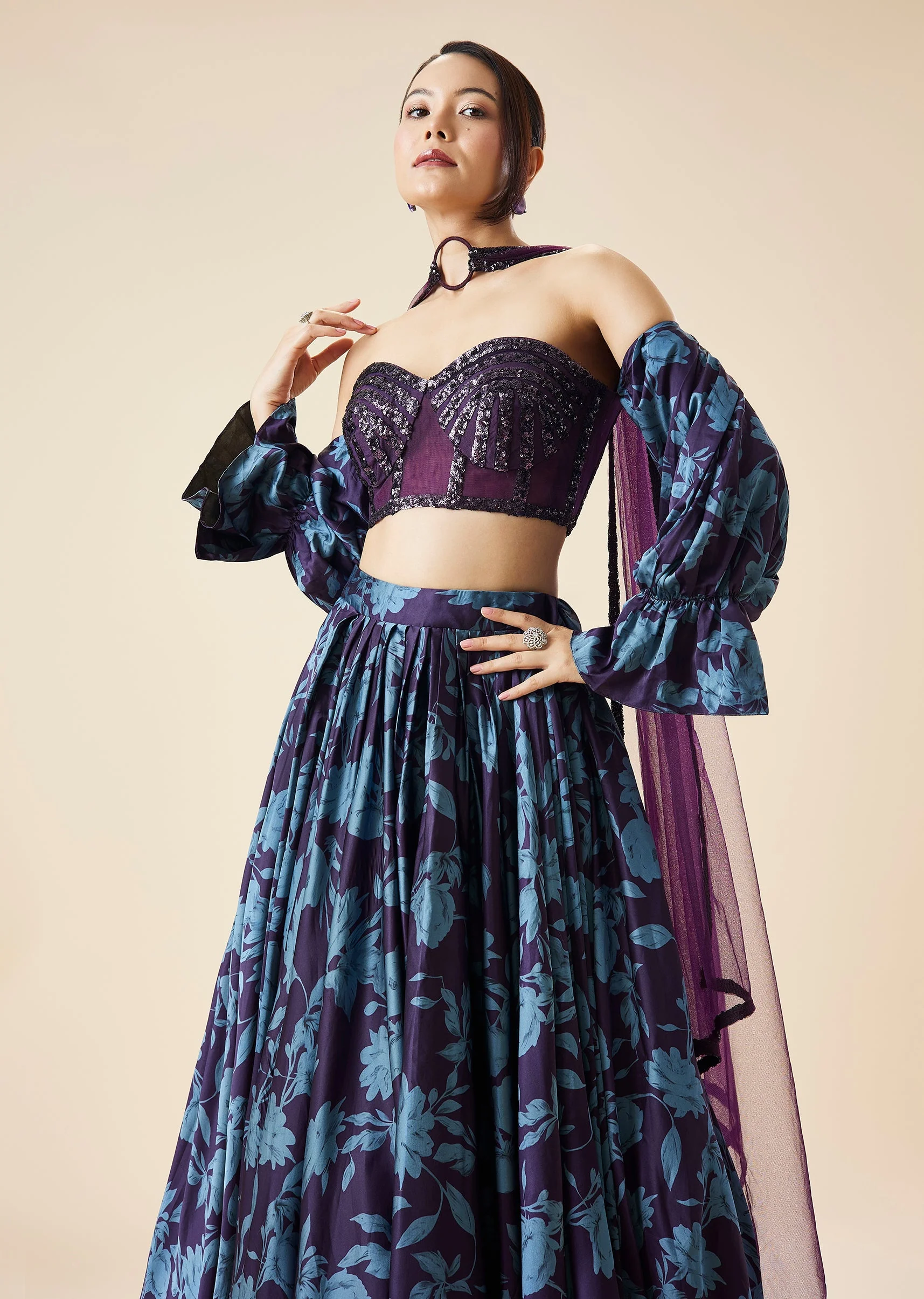 Purple Printed Fusion Lehenga Set With Tube Blouse