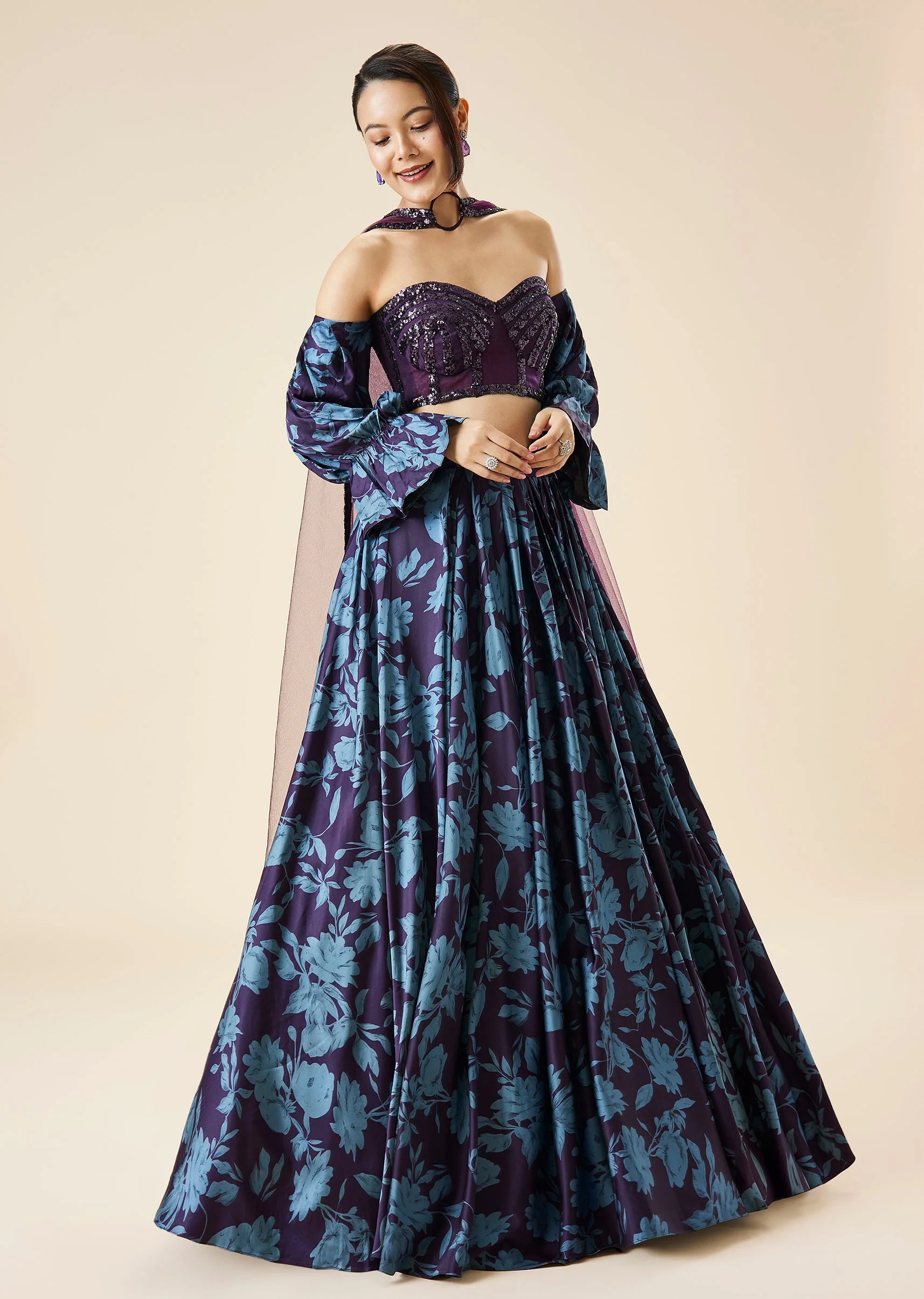 4942-dir-5dbc98dcc983-s-variation-1.webp Purple Printed Fusion Lehenga Set With Tube Blouse