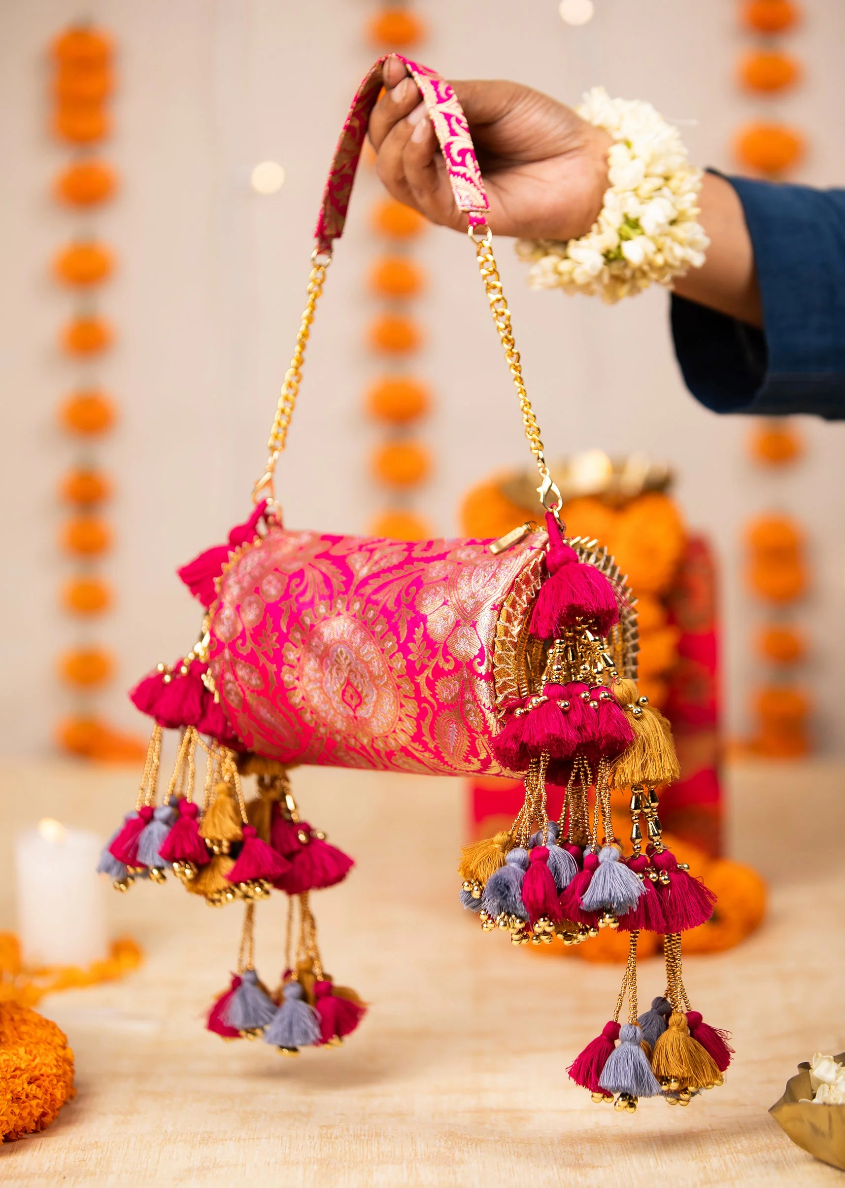 Pink Brocade Kundan Bag with Tassel