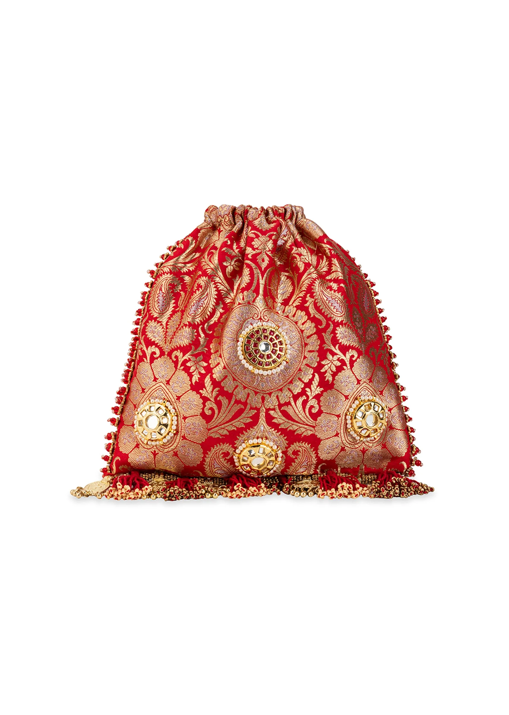 Red Silk Mirror Embellished Potli Bag