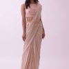 Off-White Saree And Stitched Blouse With Hanging Crystals