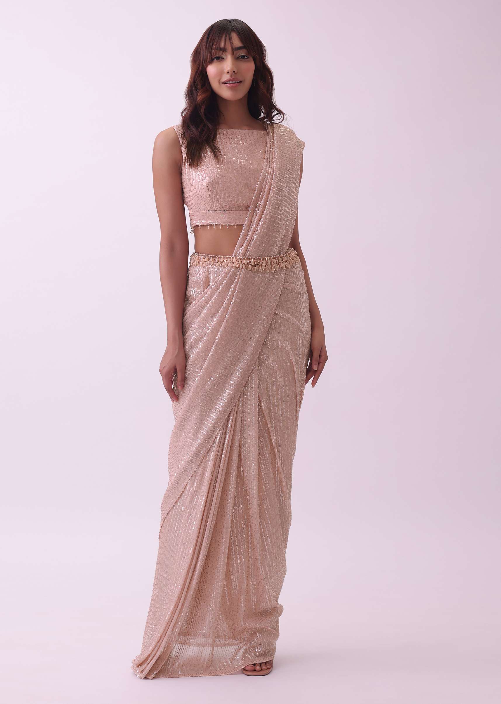 4962-off-white-saree-and-stitched-blouse-with-hanging-crystals-1.jpg Off-White Saree And Stitched Blouse With Hanging Crystals