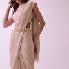 Off-White Saree And Stitched Blouse With Hanging Crystals