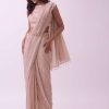 Off-White Saree And Stitched Blouse With Hanging Crystals