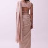 Off-White Saree And Stitched Blouse With Hanging Crystals