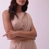 Off-White Saree And Stitched Blouse With Hanging Crystals