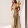Glam Gold Gown In Knit Strechable Fabric With Embroidery