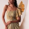 Glam Gold Gown In Knit Strechable Fabric With Embroidery