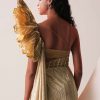 Glam Gold Gown In Knit Strechable Fabric With Embroidery