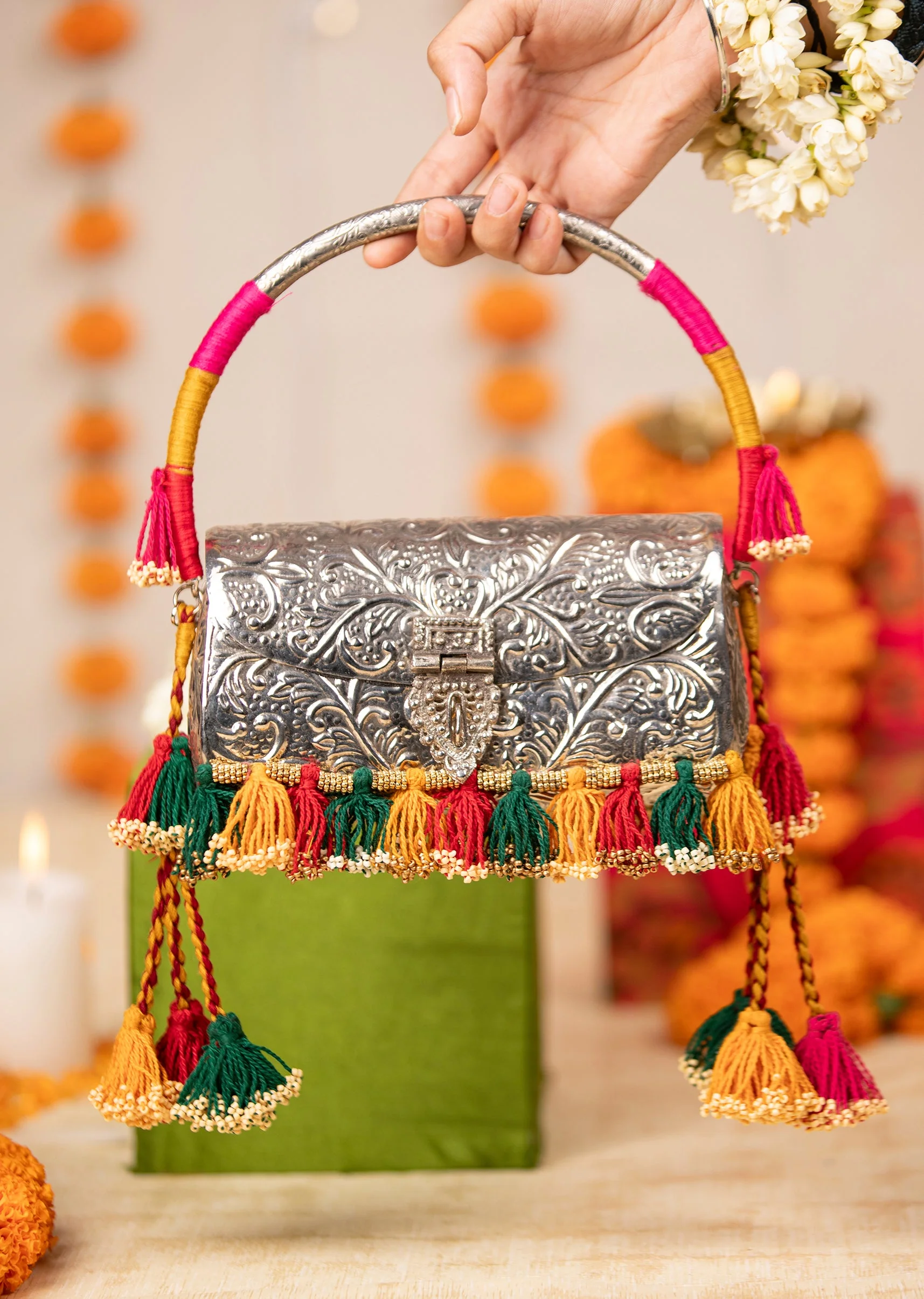 Silver Textured Bag with Multi Tassels