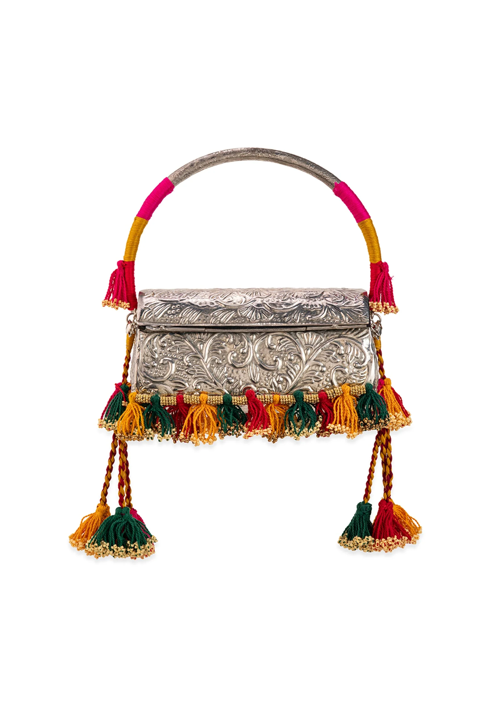 Silver Textured Bag with Multi Tassels