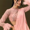 Baby Pink Ready To Wear Satin Saree With High Neck Full Sleeve Blouse
