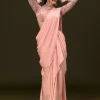 Baby Pink Ready To Wear Satin Saree With High Neck Full Sleeve Blouse