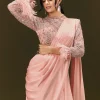 Baby Pink Ready To Wear Satin Saree With High Neck Full Sleeve Blouse