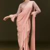 Baby Pink Ready To Wear Satin Saree With High Neck Full Sleeve Blouse