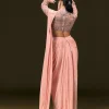 Baby Pink Ready To Wear Satin Saree With High Neck Full Sleeve Blouse