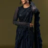 Navy Blue Crepe Ready Pleated Saree With Full Sleeve High Neck Blouse
