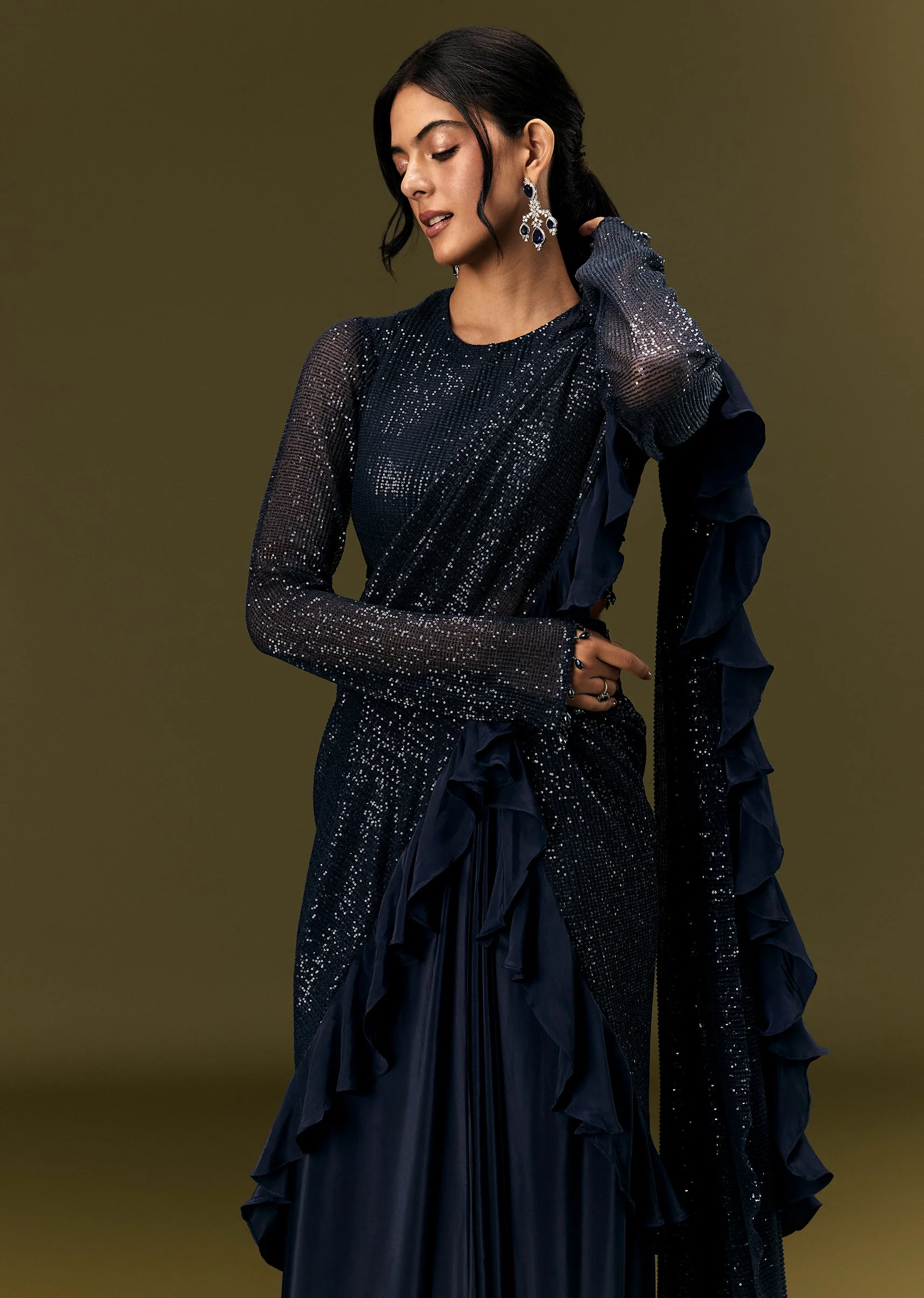 5007-navy-blue-crepe-ready-pleated-saree-with-full-sleeve-high-neck-blouse-1.webp Navy Blue Crepe Ready Pleated Saree With Full Sleeve High Neck Blouse