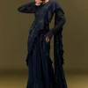 Navy Blue Crepe Ready Pleated Saree With Full Sleeve High Neck Blouse