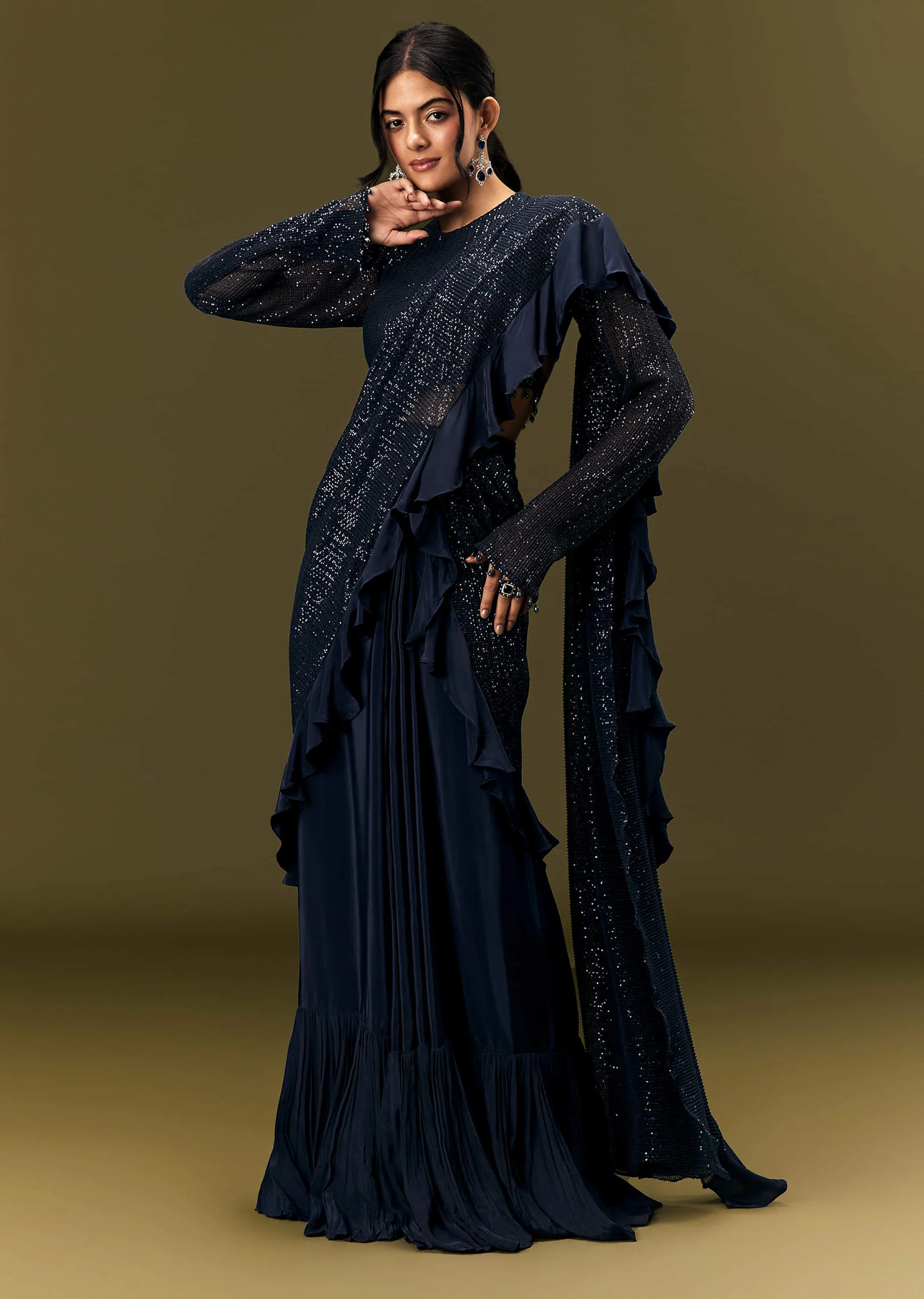 Navy Blue Crepe Ready Pleated Saree With Full Sleeve High Neck Blouse