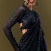 Navy Blue Crepe Ready Pleated Saree With Full Sleeve High Neck Blouse
