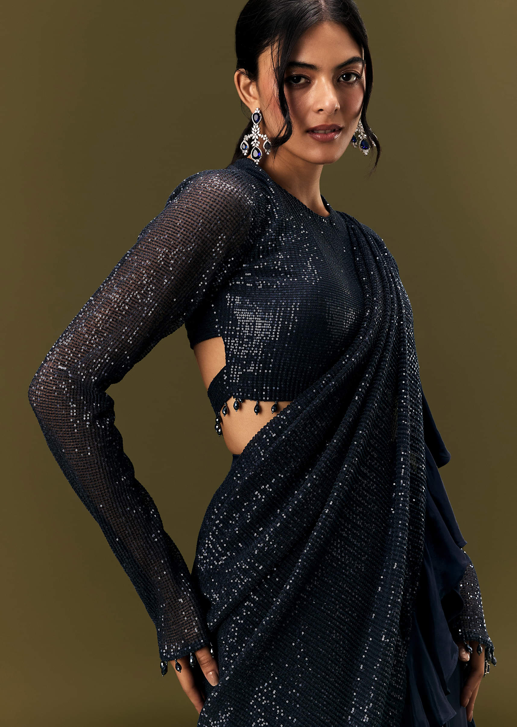 Navy Blue Crepe Ready Pleated Saree With Full Sleeve High Neck Blouse