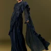 Navy Blue Crepe Ready Pleated Saree With Full Sleeve High Neck Blouse