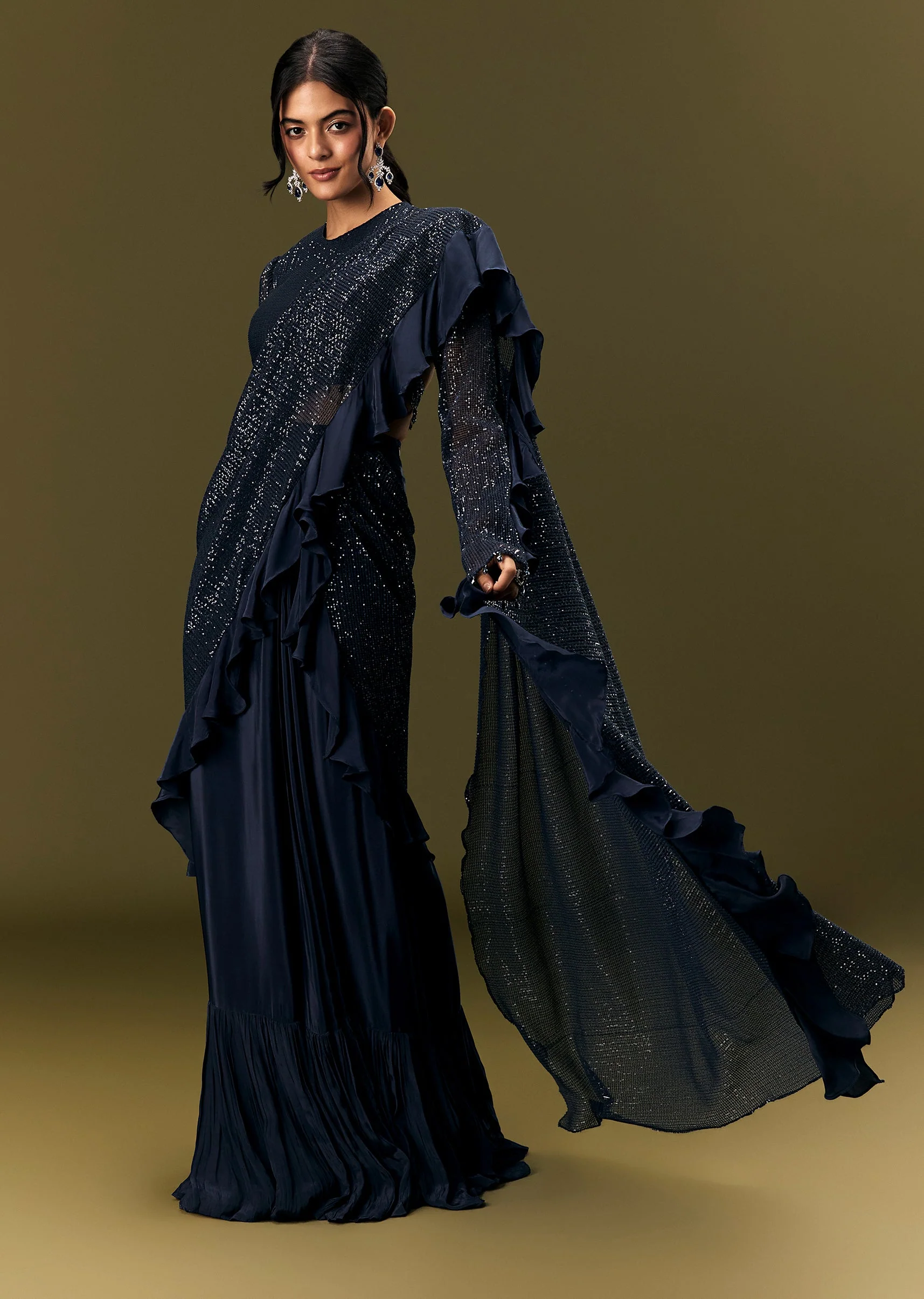 Navy Blue Crepe Ready Pleated Saree With Full Sleeve High Neck Blouse