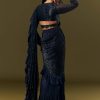 Navy Blue Crepe Ready Pleated Saree With Full Sleeve High Neck Blouse