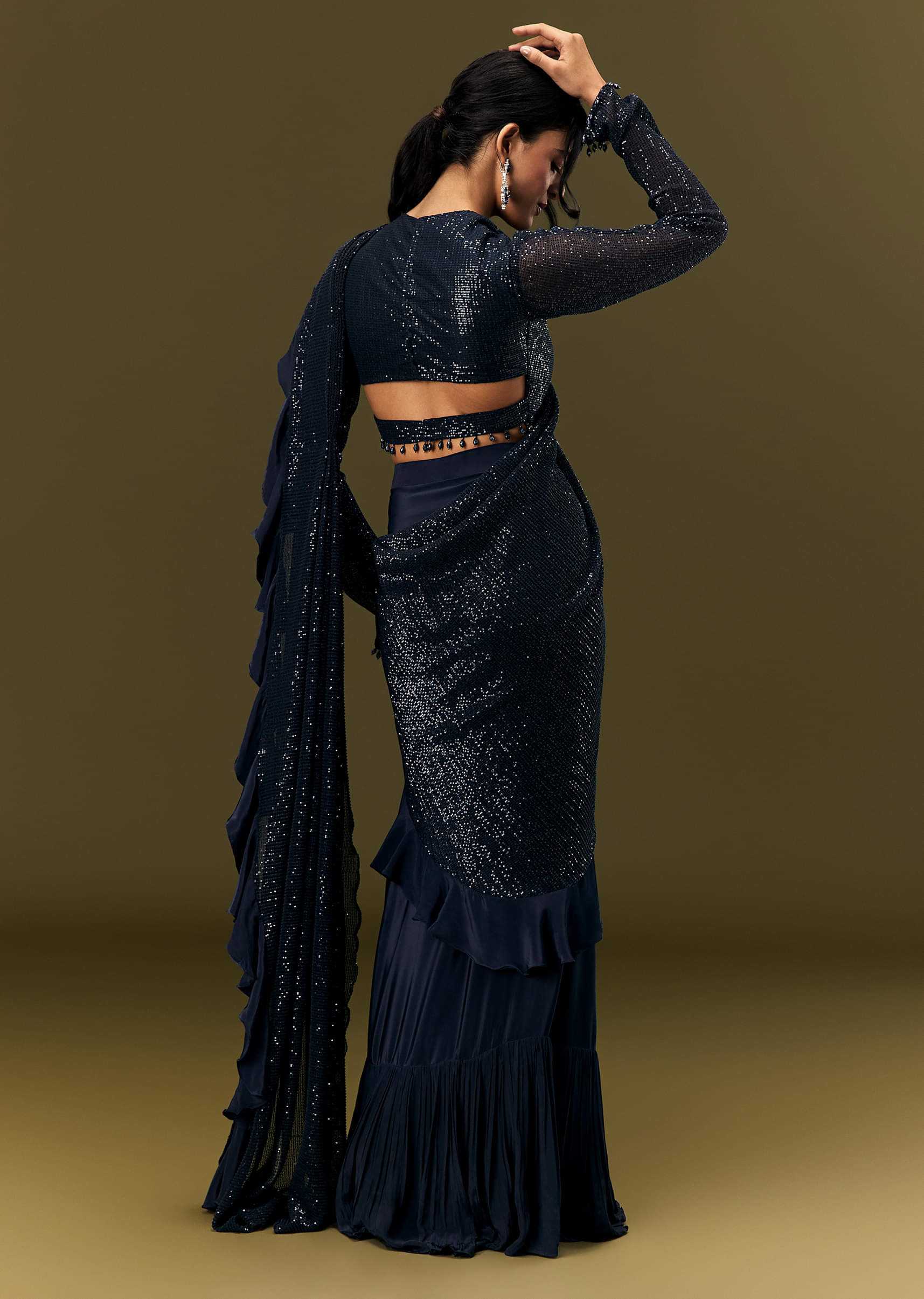 Navy Blue Crepe Ready Pleated Saree With Full Sleeve High Neck Blouse