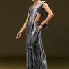 Metallic Grey Pre Stitched Sequin Saree With Cowl Neckline Blouse
